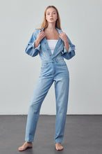 Load image into Gallery viewer, High Waist Flap Pocket Half Button Denim Jumpsuit