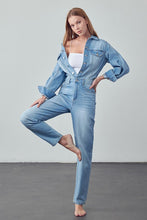 Load image into Gallery viewer, High Waist Flap Pocket Half Button Denim Jumpsuit