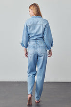 Load image into Gallery viewer, High Waist Flap Pocket Half Button Denim Jumpsuit