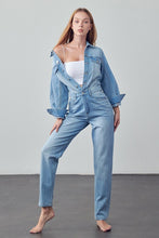 Load image into Gallery viewer, High Waist Flap Pocket Half Button Denim Jumpsuit