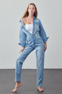 High Waist Flap Pocket Half Button Denim Jumpsuit