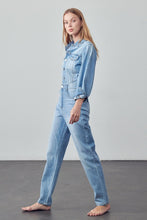 Load image into Gallery viewer, High Waist Flap Pocket Half Button Denim Jumpsuit