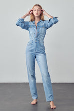 Load image into Gallery viewer, High Waist Flap Pocket Half Button Denim Jumpsuit