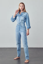 Load image into Gallery viewer, High Waist Flap Pocket Half Button Denim Jumpsuit