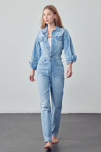 Load image into Gallery viewer, High Waist Flap Pocket Half Button Denim Jumpsuit