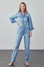 Load image into Gallery viewer, High Waist Flap Pocket Half Button Denim Jumpsuit