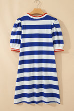 Load image into Gallery viewer, Blue Stripe Contrast Trim Round Neck Short Puff Sleeve Shift Mini Dress