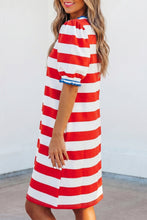 Load image into Gallery viewer, Blue Stripe Contrast Trim Round Neck Short Puff Sleeve Shift Mini Dress