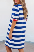 Load image into Gallery viewer, Blue Stripe Contrast Trim Round Neck Short Puff Sleeve Shift Mini Dress