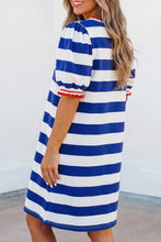 Load image into Gallery viewer, Blue Stripe Contrast Trim Round Neck Short Puff Sleeve Shift Mini Dress