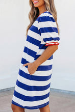 Load image into Gallery viewer, Blue Stripe Contrast Trim Round Neck Short Puff Sleeve Shift Mini Dress