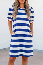 Load image into Gallery viewer, Blue Stripe Contrast Trim Round Neck Short Puff Sleeve Shift Mini Dress