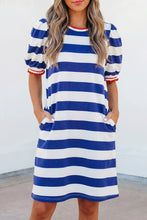 Load image into Gallery viewer, Blue Stripe Contrast Trim Round Neck Short Puff Sleeve Shift Mini Dress