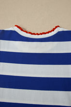 Load image into Gallery viewer, Blue Stripe Contrast Trim Round Neck Short Puff Sleeve Shift Mini Dress
