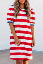 Load image into Gallery viewer, Blue Stripe Contrast Trim Round Neck Short Puff Sleeve Shift Mini Dress