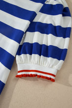 Load image into Gallery viewer, Blue Stripe Contrast Trim Round Neck Short Puff Sleeve Shift Mini Dress