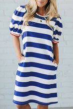 Load image into Gallery viewer, Blue Stripe Contrast Trim Round Neck Short Puff Sleeve Shift Mini Dress
