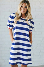Load image into Gallery viewer, Blue Stripe Contrast Trim Round Neck Short Puff Sleeve Shift Mini Dress