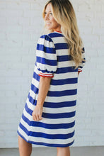 Load image into Gallery viewer, Blue Stripe Contrast Trim Round Neck Short Puff Sleeve Shift Mini Dress