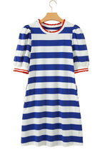 Load image into Gallery viewer, Blue Stripe Contrast Trim Round Neck Short Puff Sleeve Shift Mini Dress