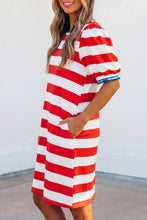 Load image into Gallery viewer, Blue Stripe Contrast Trim Round Neck Short Puff Sleeve Shift Mini Dress