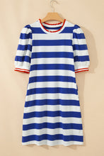 Load image into Gallery viewer, Blue Stripe Contrast Trim Round Neck Short Puff Sleeve Shift Mini Dress