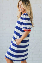 Load image into Gallery viewer, Blue Stripe Contrast Trim Round Neck Short Puff Sleeve Shift Mini Dress