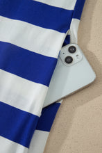 Load image into Gallery viewer, Blue Stripe Contrast Trim Round Neck Short Puff Sleeve Shift Mini Dress